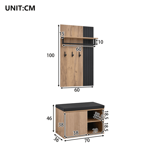 Móvel de entrada 70x36x146 cm - 2 portas, com 3 ganchos - Preto e natural