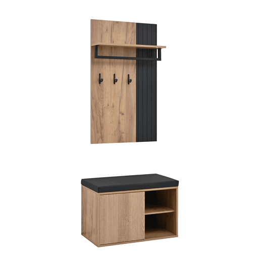 Móvel de entrada 70x36x146 cm - 2 portas, com 3 ganchos - Preto e natural