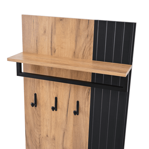 Móvel de entrada 70x36x146 cm - 2 portas, com 3 ganchos - Preto e natural