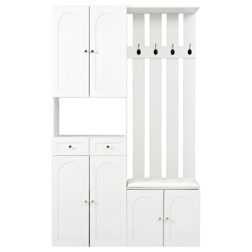 Conjunto de móveis para corredor 110x180x37 cm - Com sapateira, banco e 4 ganchos - Branco