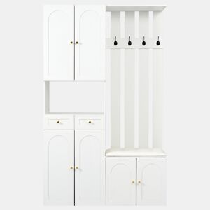 Conjunto de móveis para corredor 110x180x37 cm - Com sapateira, banco e 4 ganchos - Branco