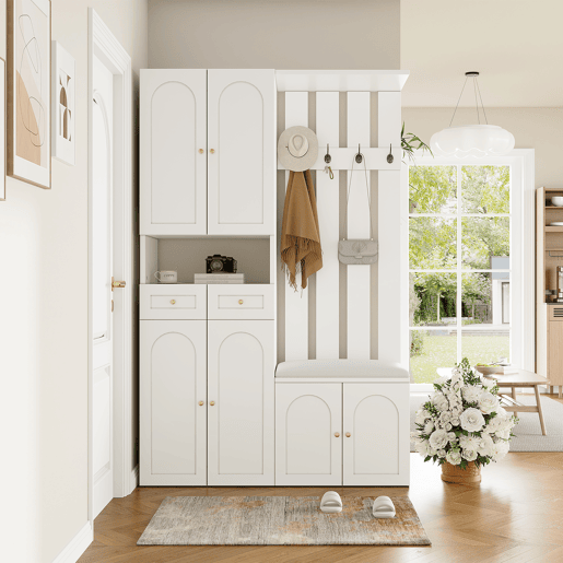 Conjunto de móveis para corredor 110x180x37 cm - Com sapateira, banco e 4 ganchos - Branco