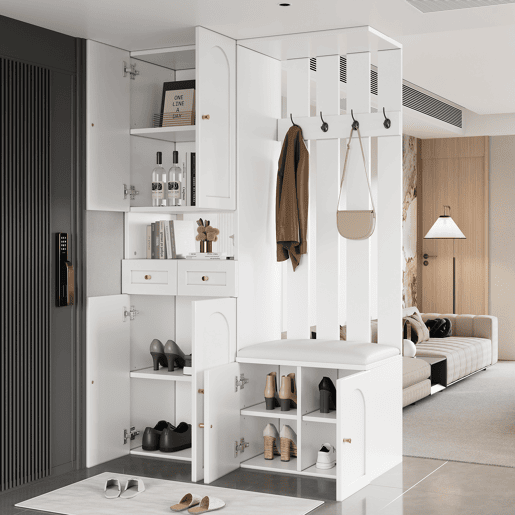 Conjunto de móveis para corredor 110x180x37 cm - Com sapateira, banco e 4 ganchos - Branco