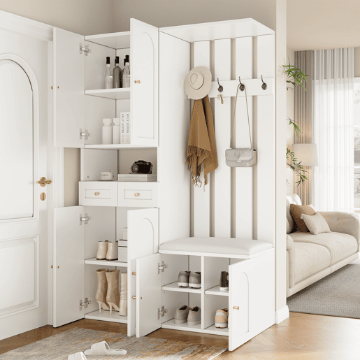 Conjunto de móveis para corredor 110x180x37 cm - Com sapateira, banco e 4 ganchos - Branco