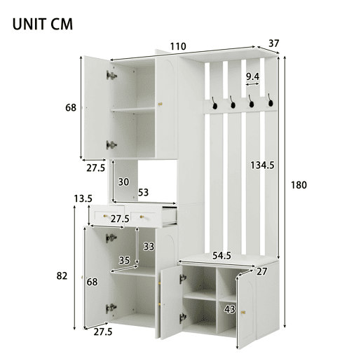 Conjunto de móveis para corredor 110x180x37 cm - Com sapateira, banco e 4 ganchos - Branco