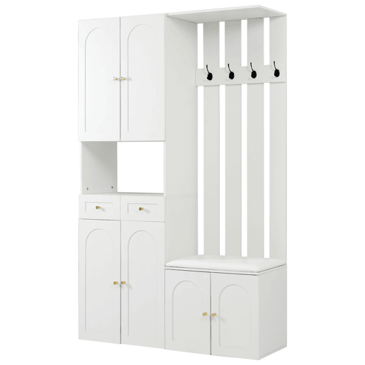 Conjunto de móveis para corredor 110x180x37 cm - Com sapateira, banco e 4 ganchos - Branco