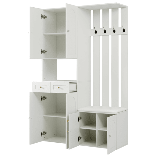 Conjunto de móveis para corredor 110x180x37 cm - Com sapateira, banco e 4 ganchos - Branco