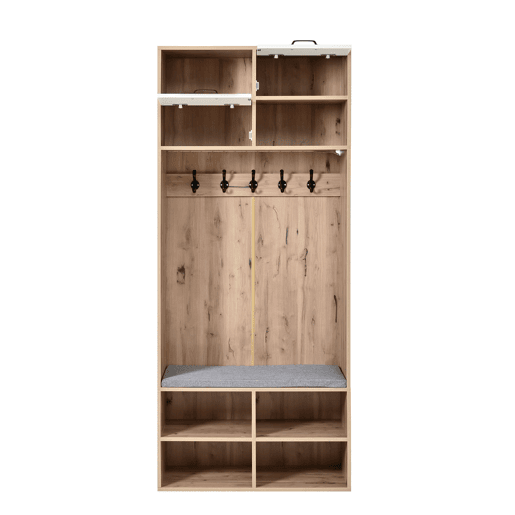 Móvel de entrada 80x185x35 cm - Com assento, 5 ganchos, 2 portas e 6 compartimentos - Natural+Branco