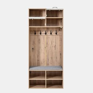 Móvel de entrada 80x185x35 cm - Com assento, 5 ganchos, 2 portas e 6 compartimentos - Natural+Branco