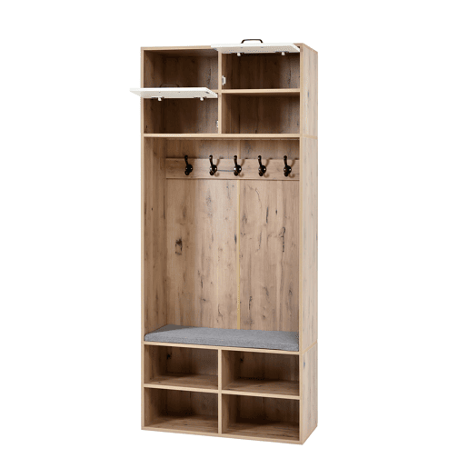 Móvel de entrada 80x185x35 cm - Com assento, 5 ganchos, 2 portas e 6 compartimentos - Natural+Branco