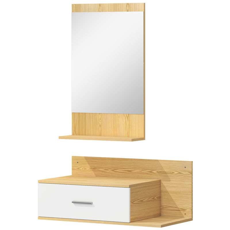 Homcom conjunto de recibidor de entrada de pared con espejo, cajón y 2 estantes abiertos, muebles recibidor para pasillo, madera natural
