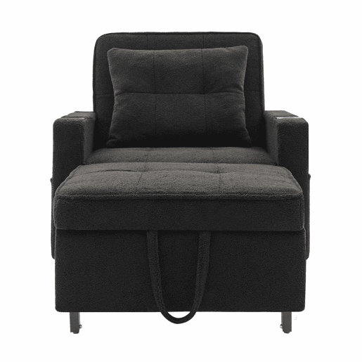 Sofá-cama de 1 lugar - 3 em 1, com porta-copos e porta USB, sofá reclinável e poltrona - Preto