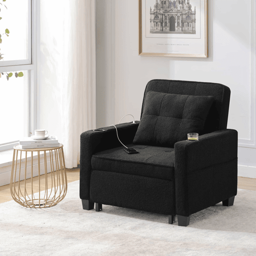 Sofá-cama de 1 lugar - 3 em 1, com porta-copos e porta USB, sofá reclinável e poltrona - Preto