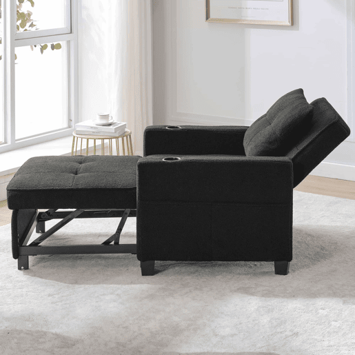 Sofá-cama de 1 lugar - 3 em 1, com porta-copos e porta USB, sofá reclinável e poltrona - Preto