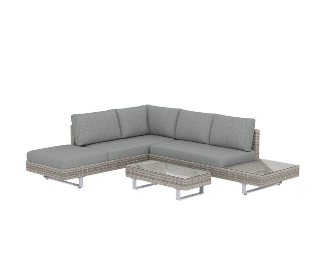Outsunny conjunto de jardín de ratán de 3 piezas, conjunto terraza resistente, muebles jardín exterior incluye cojines, sofá de 3 plazas, sofá de 2 plazas con mesa lateral, mesa centro de vidrio gris