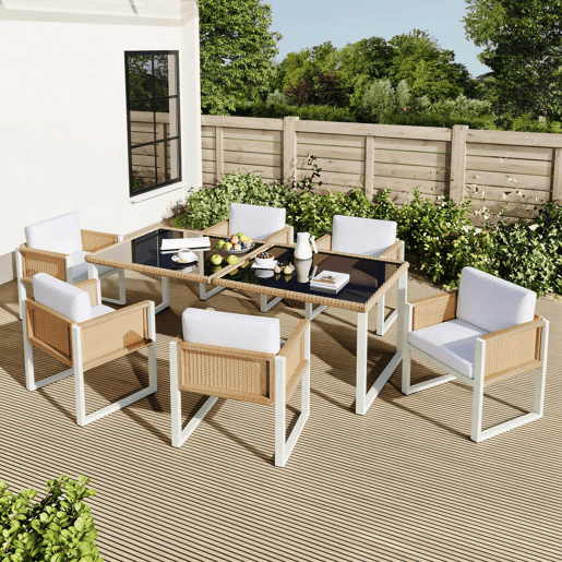 Conjunto de jantar de jardim em rattan sintético para 6 pessoas - cadeiras com almofadas removíveis e capas laváveis - castanho e branco