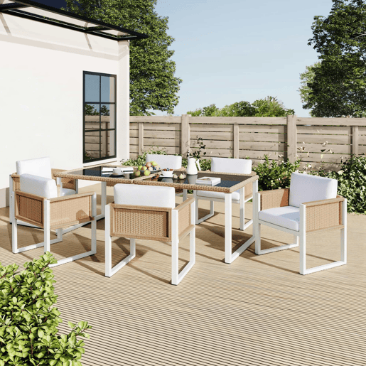Conjunto de jantar de jardim em rattan sintético para 6 pessoas - cadeiras com almofadas removíveis e capas laváveis - castanho e branco