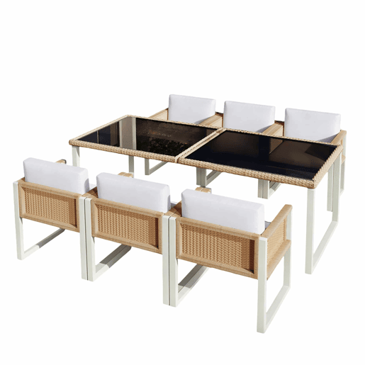 Conjunto de jantar de jardim em rattan sintético para 6 pessoas - cadeiras com almofadas removíveis e capas laváveis - castanho e branco