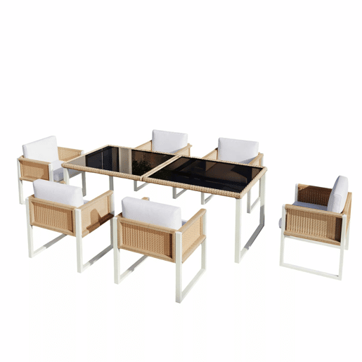 Conjunto de jantar de jardim em rattan sintético para 6 pessoas - cadeiras com almofadas removíveis e capas laváveis - castanho e branco