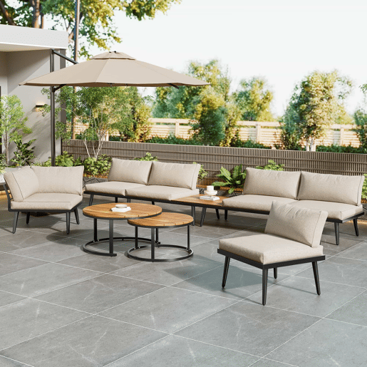 Conjunto de cadeirões de jardim para 5-6 pessoas - 6 peças, sofá, cadeirões e mesas, estrutura em ferro galvanizado - Bege