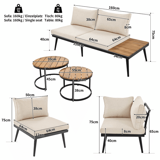 Conjunto de cadeirões de jardim para 5-6 pessoas - 6 peças, sofá, cadeirões e mesas, estrutura em ferro galvanizado - Bege