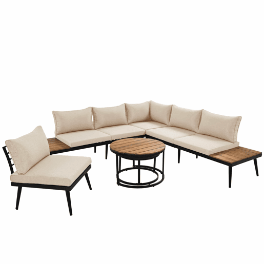Conjunto de cadeirões de jardim para 5-6 pessoas - 6 peças, sofá, cadeirões e mesas, estrutura em ferro galvanizado - Bege