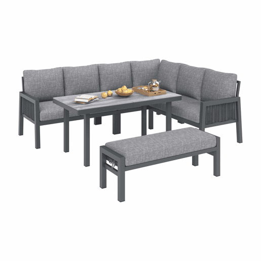 Conjunto de jantar de jardim para 8 pessoas - Conjunto de canto, estrutura em ferro galvanizado, mesa de vidro, corda trançada em PE feita à mão, inclui mesa, bancos e sofás - Cinza