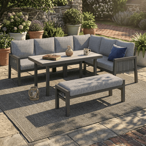Conjunto de jantar de jardim para 8 pessoas - Conjunto de canto, estrutura em ferro galvanizado, mesa de vidro, corda trançada em PE feita à mão, inclui mesa, bancos e sofás - Cinza