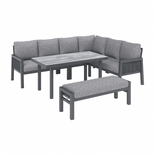 Conjunto de jantar de jardim para 8 pessoas - Conjunto de canto, estrutura em ferro galvanizado, mesa de vidro, corda trançada em PE feita à mão, inclui mesa, bancos e sofás - Cinza