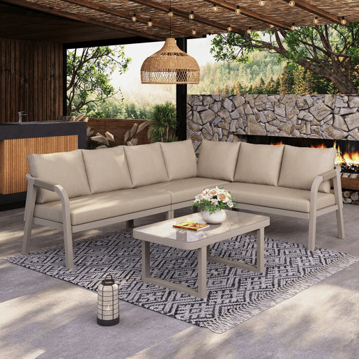 Conjunto de mobiliário de jardim - 6 lugares - Conjunto de canto, encosto e braços trançados, estrutura em aço galvanizado, inclui sofá e mesa de café - Bege