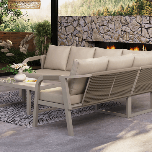 Conjunto de mobiliário de jardim - 6 lugares - Conjunto de canto, encosto e braços trançados, estrutura em aço galvanizado, inclui sofá e mesa de café - Bege