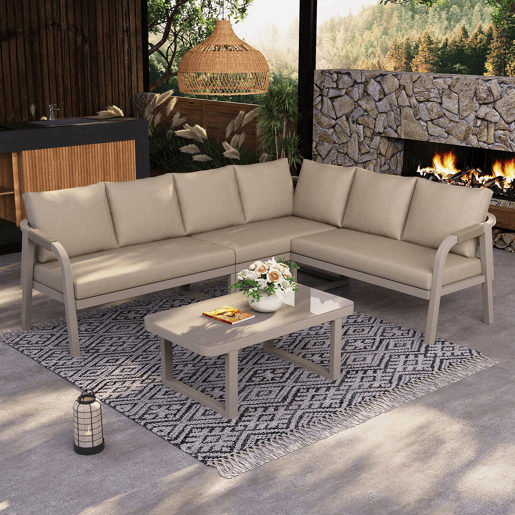 Conjunto de mobiliário de jardim - 6 lugares - Conjunto de canto, encosto e braços trançados, estrutura em aço galvanizado, inclui sofá e mesa de café - Bege