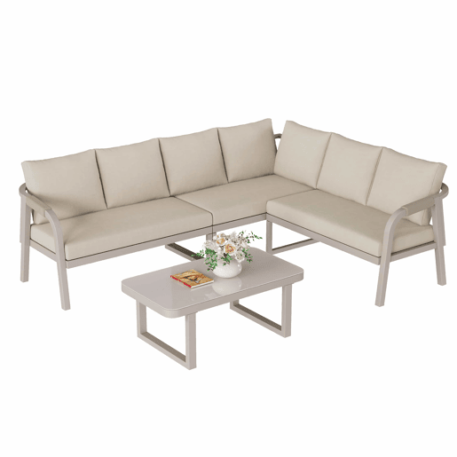 Conjunto de mobiliário de jardim - 6 lugares - Conjunto de canto, encosto e braços trançados, estrutura em aço galvanizado, inclui sofá e mesa de café - Bege