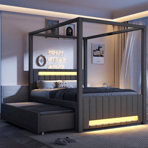 Cama com dossel estofada 140x200 cm - com cama extra, 3 gavetas e iluminação LED - cinzenta