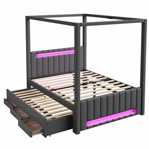 Cama com dossel estofada 140x200 cm - com cama extra, 3 gavetas e iluminação LED - cinzenta