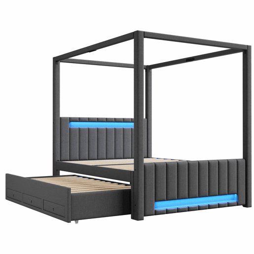 Cama com dossel estofada 140x200 cm - com cama extra, 3 gavetas e iluminação LED - cinzenta