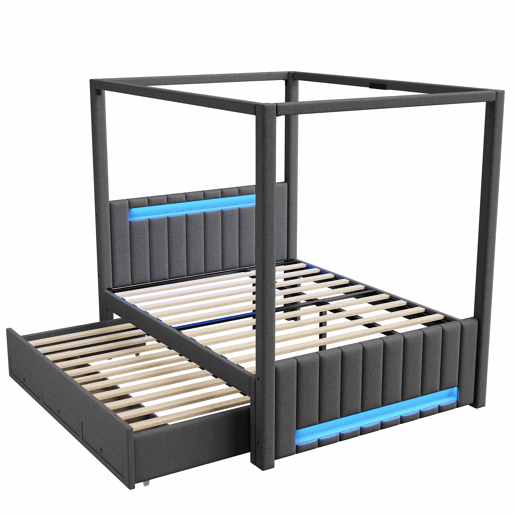 Cama com dossel estofada 140x200 cm - com cama extra, 3 gavetas e iluminação LED - cinzenta