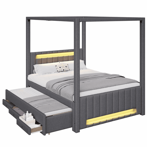 Cama com dossel estofada 140x200 cm - com cama extra, 3 gavetas e iluminação LED - cinzenta