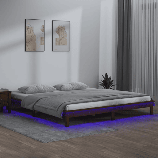 Estrutura De Cama de casal simple De Casal c LEDs - 140x200cm madeira maciça castanho mel