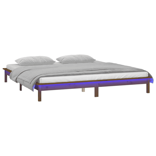 Estrutura De Cama de casal simple De Casal c LEDs - 140x200cm madeira maciça castanho mel