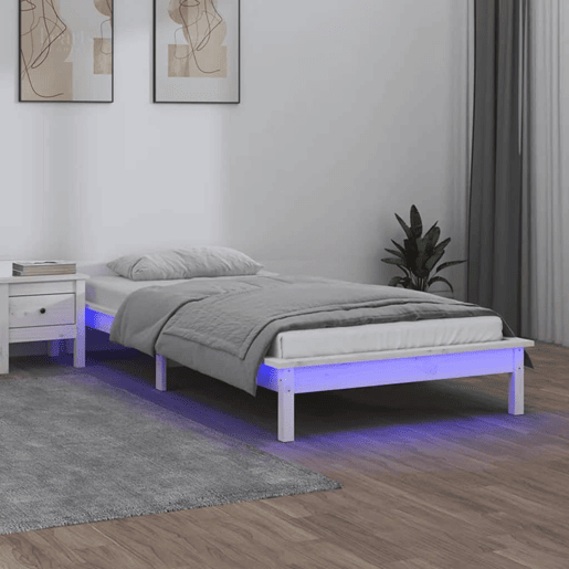Estrutura de cama de solteiro para adultos c LED solteiro 75x190 cm madeira maciça branco