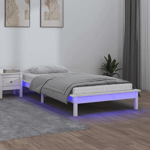 Estrutura de cama de solteiro para adultos c LED solteiro 90x190 cm madeira maciça branco