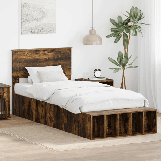 Estrutura de cama de solteiro para adultos de solteiro para adultos com prateleira Carvalho Defumado 100 x 200 cm