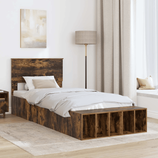 Estrutura de cama de solteiro para adultos de solteiro para adultos com prateleira Carvalho Defumado 100 x 200 cm