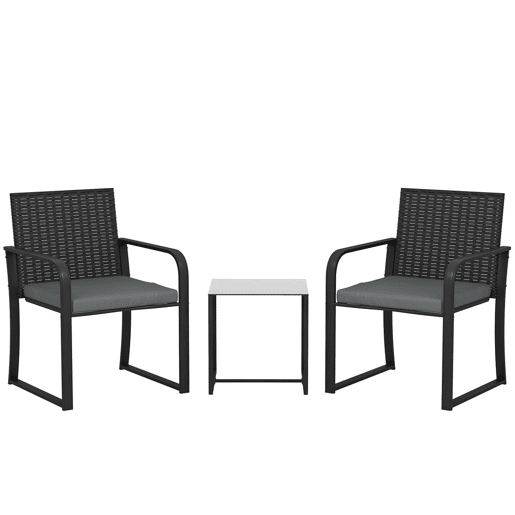 Outsunny Conjunto de Jardim 3 Peças Móveis Jardim Exterior de Vime com 2 Cadeiras com Almofadas Tecido Textilene e Mesa de Vidro Temperado Resistente às Intempéries para Varanda Pátio Cinza