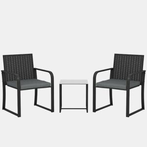 Outsunny Conjunto de Jardim 3 Peças Móveis Jardim Exterior de Vime com 2 Cadeiras com Almofadas Tecido Textilene e Mesa de Vidro Temperado Resistente às Intempéries para Varanda Pátio Cinza