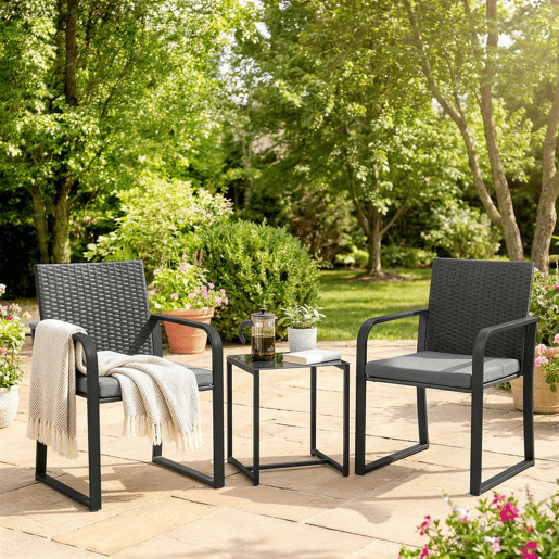 Outsunny Conjunto de Jardim 3 Peças Móveis Jardim Exterior de Vime com 2 Cadeiras com Almofadas Tecido Textilene e Mesa de Vidro Temperado Resistente às Intempéries para Varanda Pátio Cinza