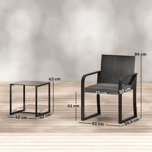 Outsunny Conjunto de Jardim 3 Peças Móveis Jardim Exterior de Vime com 2 Cadeiras com Almofadas Tecido Textilene e Mesa de Vidro Temperado Resistente às Intempéries para Varanda Pátio Cinza