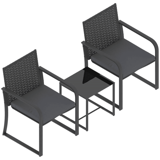Outsunny Conjunto de Jardim 3 Peças Móveis Jardim Exterior de Vime com 2 Cadeiras com Almofadas Tecido Textilene e Mesa de Vidro Temperado Resistente às Intempéries para Varanda Pátio Cinza