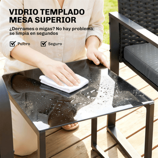 Outsunny Conjunto de Jardim 3 Peças Móveis Jardim Exterior de Vime com 2 Cadeiras com Almofadas Tecido Textilene e Mesa de Vidro Temperado Resistente às Intempéries para Varanda Pátio Cinza